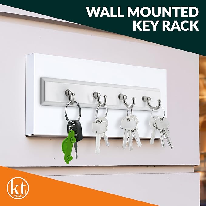 Wall Mounted Key Rack Rail Hanger Key Holder Wall Mount with 4 Hooks Hanging Storage Keys Organizer Home Decor (White)