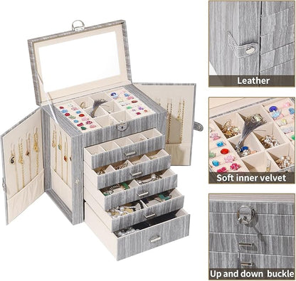 BOOVO Jewelry Box For women, 6 Layer Large Jewelry Organizer With Mirror, Accessory Holder With 5 Drawers, For Earrings Necklace Ring Bracelet (woodgrain grey)