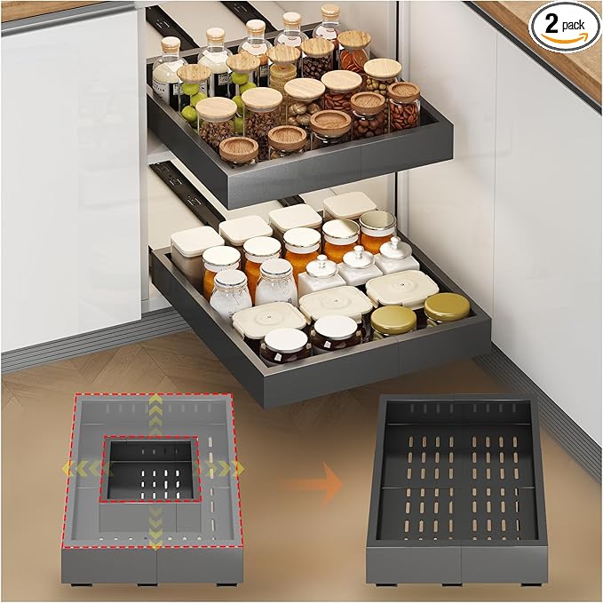 2Pc Pull out Cabinet Organizer,Width (11"-16"),Depth(17"-24") Expandable with 3 Rails,No Drill Roll out Drawers,Adhesive Sliding Drawers,Slide out Shelves for Cabinets Without Lip,Kitchen,Pantry,Black