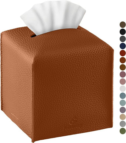 Tissue Box Cover, Jeethemy Square PU Leather Tissue Box Holder, Modern Tissue Case Facial Paper Organizer Dispenser，5X5X5'',Single Camel