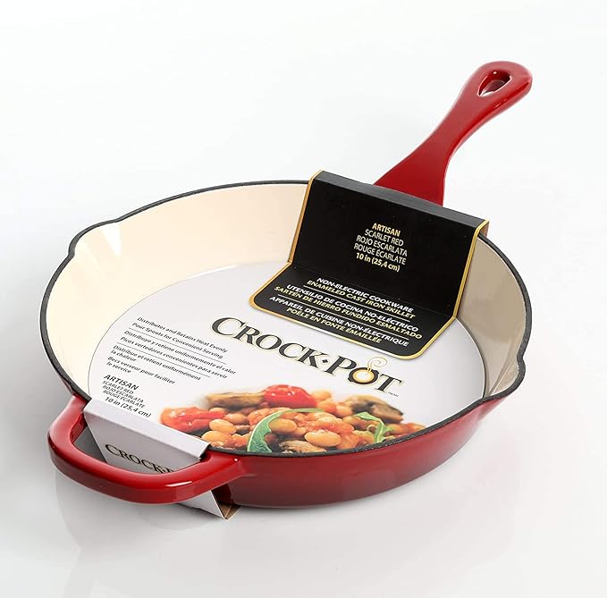 Crock-Pot 10 Inch Enameled Cast Iron Skillet with Handles - Ideal for Searing, Roasting, Frying - Even Heat Distribution, Pour Spouts - Oven-Safe & Stovetop Safe (Red)