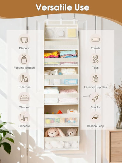 Criusia Over the Door Organizer, 6-Shelf Closet Hanging Storage with 13 Mesh Pockets, 55lbs Capacity Behind the Door Storage for Baby Nursery, Bathroom, Bedroom, and Dorm, Beige