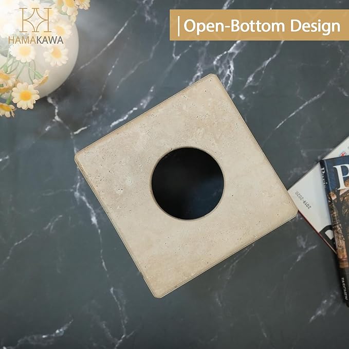 Natural Marble Tissue Box Cover, Beige Tissue Organizer 6 x 6 x 6 Inch, Heavy Stone Decorative Box, Square Tissue Box Holder for Home Decor, Kitchen, Bathroom, Bedroom