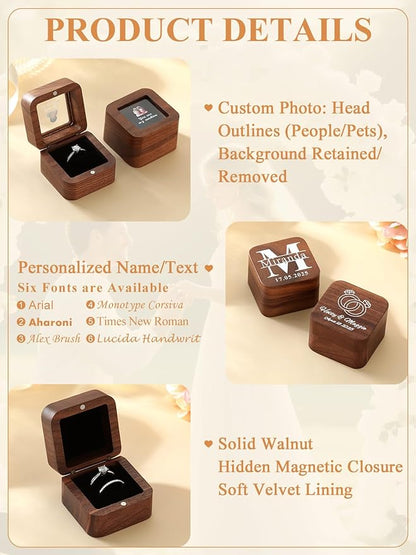 Custom4U Custom Initial Wooden Ring Box 2 Slots Vintage Square Wedding Holder for Proposal Custom Name Ring Bearer for Ceremony Jewelry Gift
