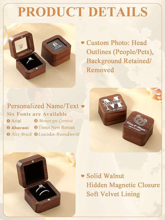 Custom4U Wooden Ring Box 2 Slots with Photo Personalized Vintage Square Wedding Holder for Proposal Custom Ring Bearer for Ceremony Jewelry Gift