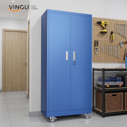 VINGLI Rolling Metal Storage Cabinet with Adjustable Shelves, 71'' Tall Garage Storage Cabinet with Wheels, Locking Tool Cabinets for Home Office Garage Gym School (Blue)