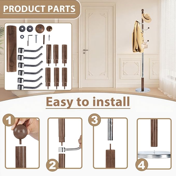 Solid Wooden Coat Rack Stand, Coat Racks Freestanding with 6 Hooks, Natural Birch Wood Coat stands with Sturdy Round Base, Tree Coat Hanger Standing for Entryway Bedroom Office (Walnut)