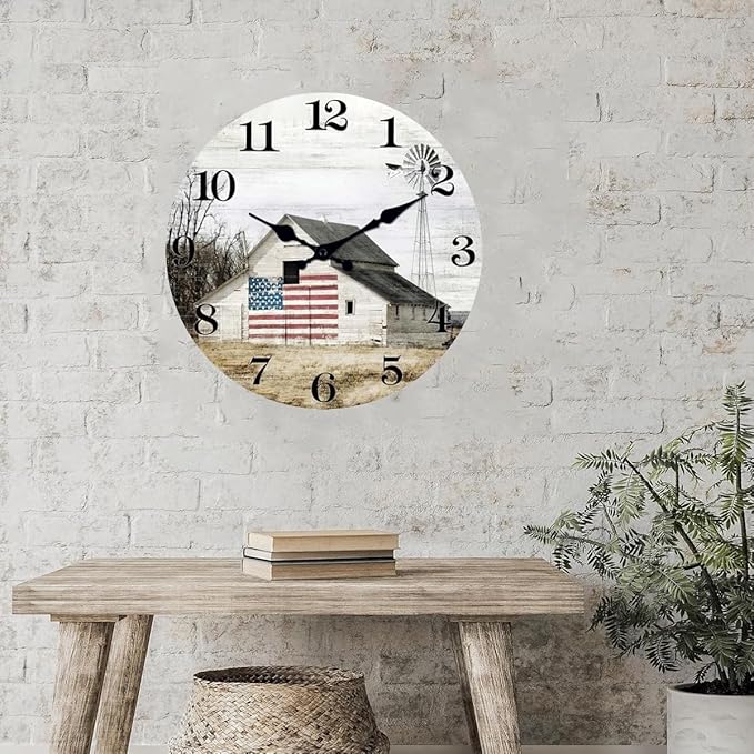 XFM Farmhouse Wall Clock 16 Inch Rustic Barn Wooden Clocks Silent Non-Ticking Battery Operated Country Landscape Small Round Clock for Living Room Kitchen Bedroom Office