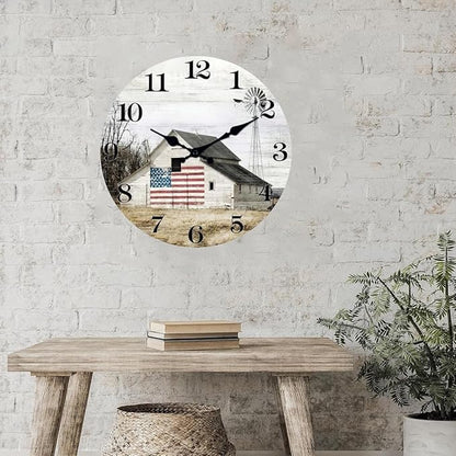 XFM Farmhouse Wall Clock 16 Inch Rustic Barn Wooden Clocks Silent Non-Ticking Battery Operated Country Landscape Small Round Clock for Living Room Kitchen Bedroom Office