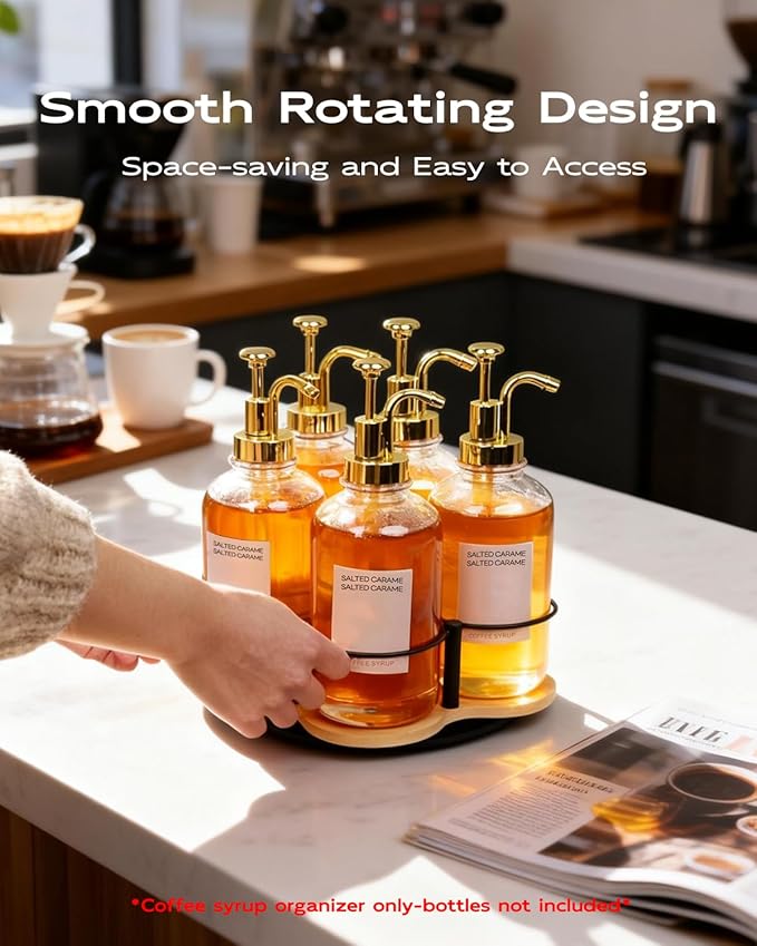 Rotating Coffee Syrup Organizer, Syrup Bottle Holder for Coffee Syrup Dispenser 16.9oz, Bamboo Coffee Syrup Rack for Coffee Bar Station Countertop, Coffee Bar Accessories(Syrup Rack Only)