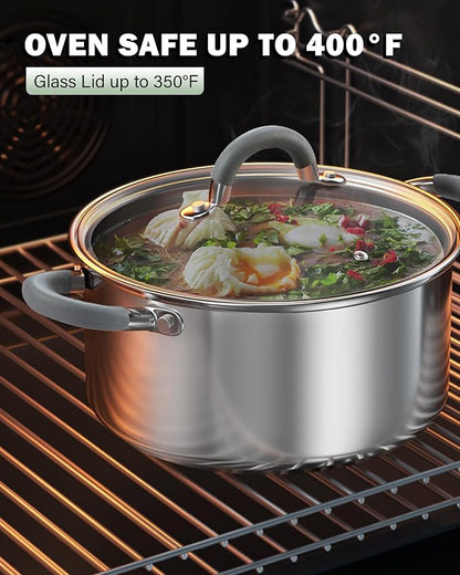 Cook N Home Basics 5.5 Quart Stainless Steel Stock Pot with Lid, Cooking Pot for Pasta, Soup, Stay-Cool Silicone Handle, Stockpot with Even Heating, Oven Safe, Cookware for Canning, Boiling, Simmer