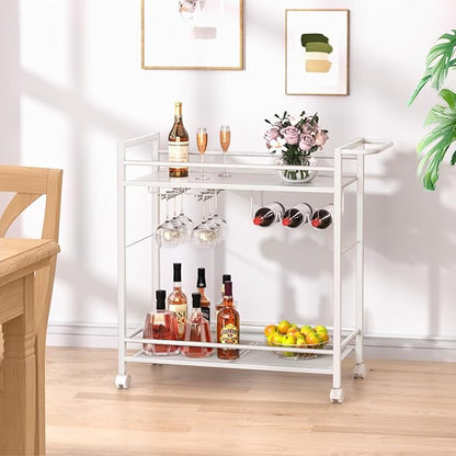 Bar Cart,Home Bar Serving Cart with Storage Shelves, 2 Tier Rolling Beverage Cart with Wheels, Modern Elegant White Wine Cart with Wine Rack and Glass Holder for Kitchen, Dinning Room,Living Room