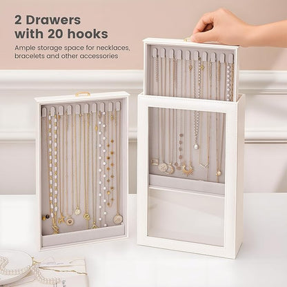 Lolalet Necklace Organizer Box, Jewelry Storage Box with Clear Window for Necklaces Bracelets, Tangle-Free Necklace Display Case for Women Girls, White, 2 Layers 20 Hooks