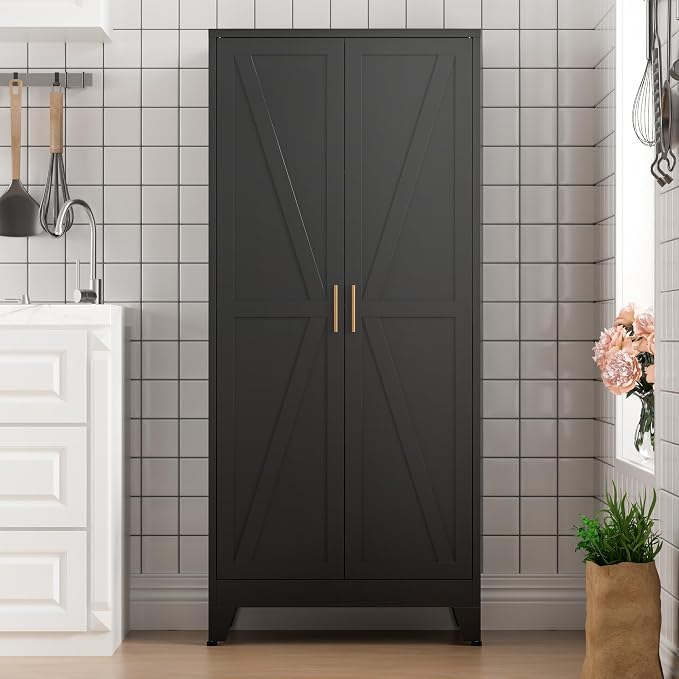 COFaR Black Farmhouse Storage Kitchen Pantry Cabinet with 2 Barn Door, 4 Adjustable Shelves and Legs, for Cupboard/Dining Room/Bathroom/Living Room/Office/Laundry Room (Black, 71" Farmhouse)