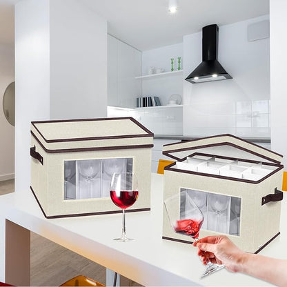 homyfort 2 Pack Wine Glass Storage Box with Dividers, Stemware Storage Case Organizer, China Crystal Glass Storage Containers for 24 Goblets (Beige)