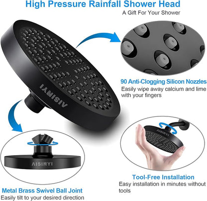 High Pressure Rainfall Shower Head, 6 Inches Showerhead with Perfect Adjustable Replacement, Removable Restrictor, Easy Installation for Your Bathroom Shower Heads (Matte Black + Shower Arm)