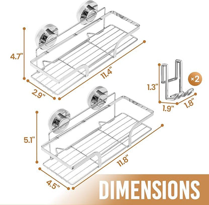 LEVERLOC Shower Caddy Suction Cup 2 Pack, Shower Shelf for Inside, Large Capacity Bathroom Organizers and Storage, Rustproof & Waterproof Metal Bath Basket, Silver