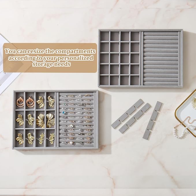 Large Velvet Jewelry Tray 2 Pack Stackable Jewelry Display Drawer Inserts Trays Organizer for Earring Bracelet Necklace Ring (Gray, Ring and 24 Grids)