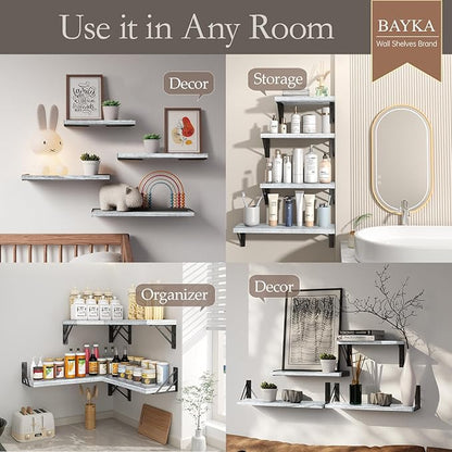 BAYKA Wall Shelves for Bedroom Decor, Floating Shelves for Living Room Kitchen Storage, Wall Mounted Rustic Wood Floating Shelves for Kids Books, Corner Shelf for Bathroom(Gray White，Set of 4)