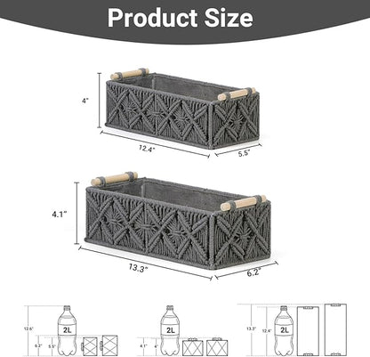 Nonam Macrame Storage Baskets, Boho Decor Style Woven Storage Boxes for Home Organization, Toilet Tank Shelf Cabinet Organizer Baskets,Set of 2,Grey