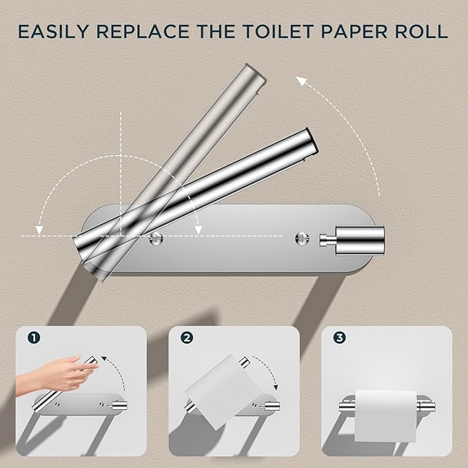 FORIOUS Toilet Paper Holder, Adhesive or Screw Wall Mount Pivoting Tissue Roll Holder for Bathroom, Stainless Steel Rust Proof Self Adhesive Toilet Paper Roll Holder no Drilling, Polished Chrome