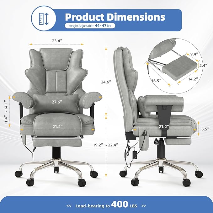 7-Point Massage Office Chair,Heated Manageral Chair,Ergonomic Executive Chair with Footrest,Adjustable Armrest，Computer Chair for Offices, Study Areas, Gaming Spaces,Gray