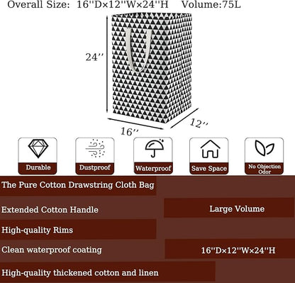 75L Waterproof Laundry Hamper Collapsible Laundry Basket Cotton Handle Laundry Bag Large Clothes Storage Toy Organization for Bathroom Bedroom Laundryroom College Dorms