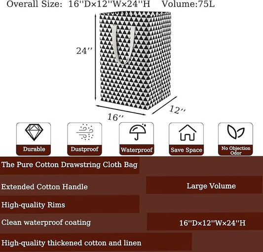 75L Waterproof Laundry Hamper Collapsible Laundry Basket Cotton Handle Laundry Bag Large Clothes Storage Toy Organization for Bathroom Bedroom Laundryroom College Dorms