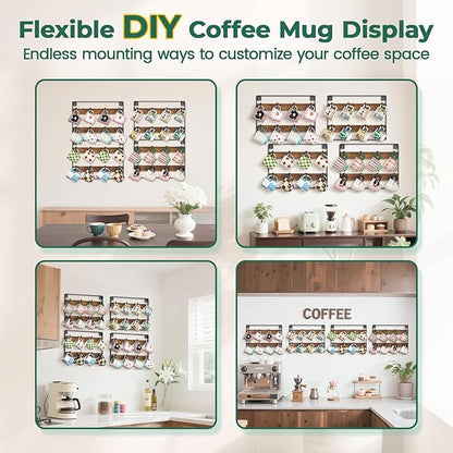 EsLuker.ly Mug Holder Hanger Rack Wall Mounted Wooden 4 Pack Coffee Cup Storage Organizer Display Shelf with 32 Movable Plastic Hooks, Ideal for Mug Collectors