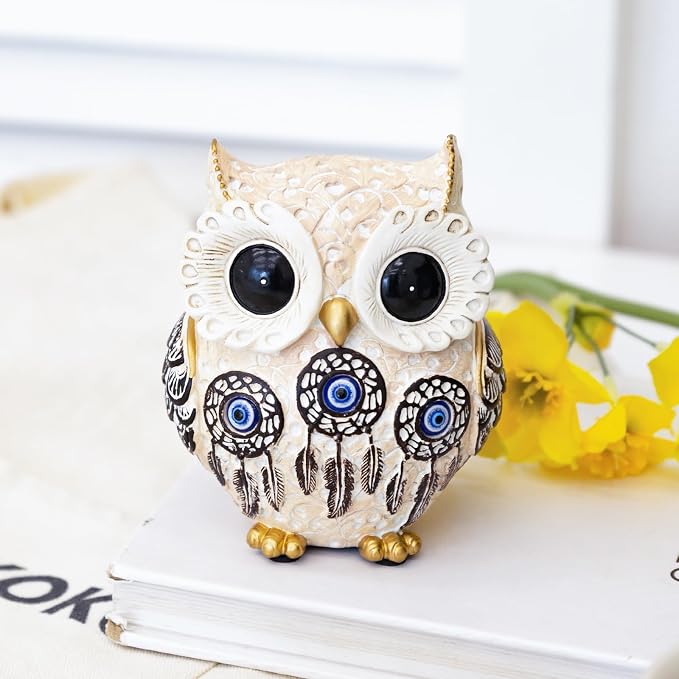 TOHLUCS Owl Statue Home Decor Accents with Evil Eye.White Decor for Bookshelf, Bedroom, Living Room, Office, Table and Shelf. Vintage Owl Figurines Gifts for Birds Lover.Cute Small Animal Sculptures.