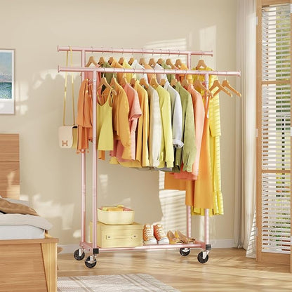 Double Rods Clothes Rack, Sturdy Rolling Clothing Rack, Portable Clothing Racks for Hanging Clothes - Metal Garment Rack Wardrobe Coat Rack for Bedroom Laundry Living Room, Pink