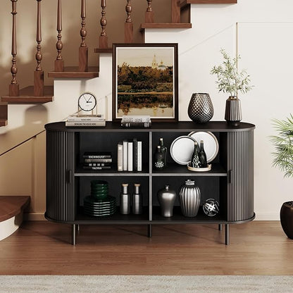 Buffet Sideboard Cabinet with Storage, 55" Fluted Cabinet with Sliding Door & Adjustable Shelf, Modern Accent Coffee Bar Console Table for Kitchen, Entryway, Black