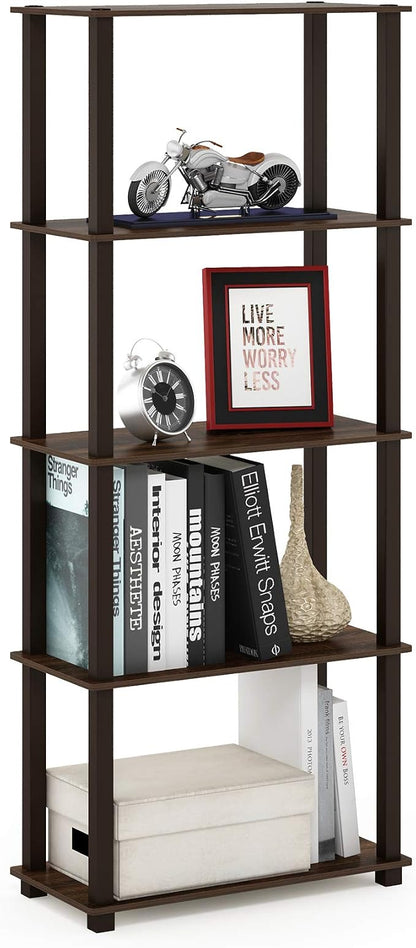 Furinno TURN-S-TUBE Book Shelf, 5-Tier Toolless Storage Shelves with Square Tubes, Shelving Unit for Organization and Storage for Living Room, Home Office, Walnut