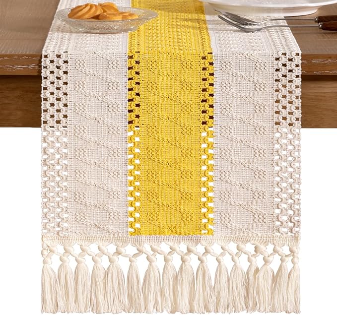 Socomi Boho Table Runner Macrame Valentine's Day Farmhouse Woven Cotton Linen Rustic Coffee Table Runner with Tassels for Dresser Scarf Home Decor Dining Room 12x90 inYellow Gold Ivory