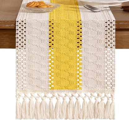 Socomi Boho Table Runner Macrame Valentine's Day Farmhouse Woven Cotton Linen Rustic Coffee Table Runner with Tassels for Dresser Scarf Home Decor Dining Room 12x90 inYellow Gold Ivory