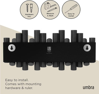 Umbra Picket Wall-Mounted Coat Rack Rail Hook with 5 Retractable Wood Pegs – Modern, Space-Saving Storage Organizer, Black