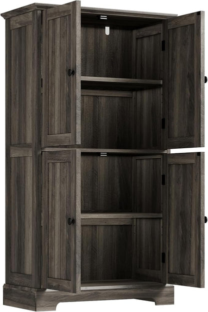 ChooChoo Bathroom Floor Cabinet, Farmhouse Bathroom Storage Cabinet with 4 Doors and Adjustable Shelves, Pantry Cabinet for Living Room, Kitchen, Retro Grey