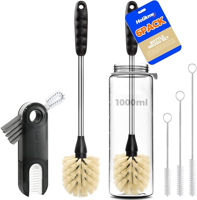 Holikme 6 Pack Bottle Brush Tube Set, 14" Long Handle Stainless Steel Bottle Cleaner Brush, 3 Straw Brushes, Portable 3-in-1 Bottle Cleaning Brush for Water Bottle Cups Baby Bottle Straws, Yellow