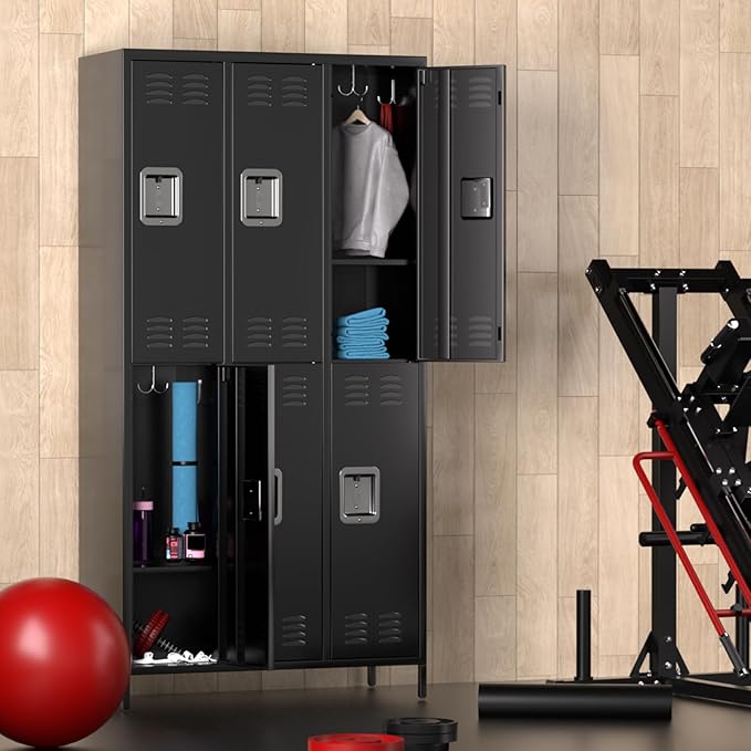 Metal Storage Locker with 6 Doors, Metal Locker for Employees with 18 Hooks for Garage School Office Gym Home, Assembly Required, Black