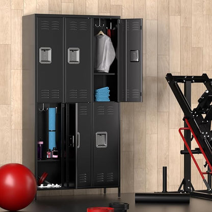 Metal Storage Locker with 6 Doors, Metal Locker for Employees with 18 Hooks for Garage School Office Gym Home, Assembly Required, Black