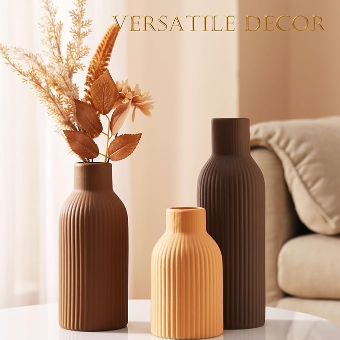 Ceramic Vase Set of 3 - Handcrafted Ceramic Vases for Home Decor & Shelf - Modern Farmhouse Decor for Kitchen, Office, Bedroom & Living Room Decorative Objects for Mantel, Table Centerpieces
