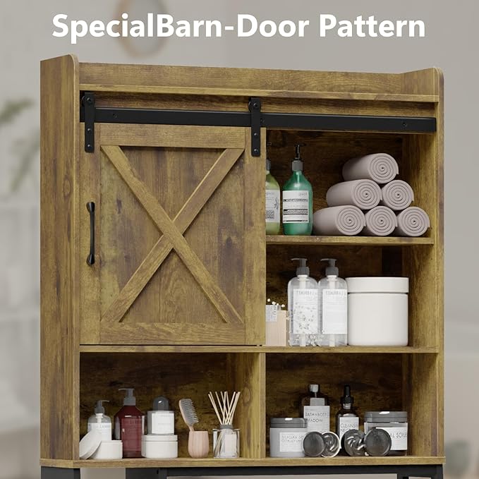 Farmhouse Storage Cabinet Over Toilet with Sliding Door & Toilet Paper Holder Stand, Space-Saving Bathroom Rack