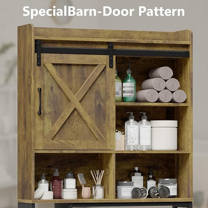 Farmhouse Storage Cabinet Over Toilet with Sliding Door & Toilet Paper Holder Stand, Space-Saving Bathroom Rack
