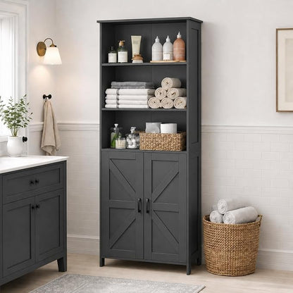 Homhedy 67" Tall Bathroom Storage Cabinet, Freestanding Farmhouse Cabinet with 2 Doors and Adjustable Shelf, Bathroom Organizers and Storage for Kitchen, Living Room, Laundry Room, Black