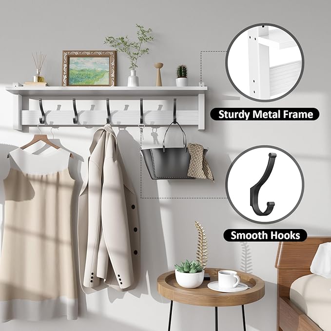 Coat Rack Wall Mount with Shelf, 29 Inch Coat Hanger Walls Mounted, Hat Rack for Walls, Shelf with 5 Coat Hooks, Wall Hanger for Entryway (White)