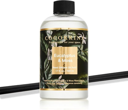 Cocorrína Reed Diffuser Refill Eucalyptus & Moss 17oz (500ml) with 8 Rattan Sticks - Premium Long-Lasting Essential Oil, Home Fragrance for Bedroom, Bathroom Home Decor