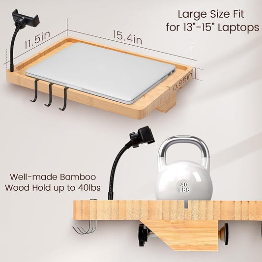 Bedside Shelf for Dorm Bed & Top Bunk, Bamboo Bed Side Table Tray with Cup Phone Holder & Hooks, Bedside Caddy, Clip on Nightstand Bedside Storage College Dorm Room Essentials (Bamboo)
