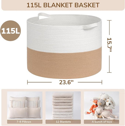 INDRESSME 115L Extra Large Jute Rope Basket, Blanket Basket Home Decor Baby Laundry Baskets for Toys Storage Bedroom, Living Room, Nursery, Boho Hamper for Colthes Towel, White & Camel