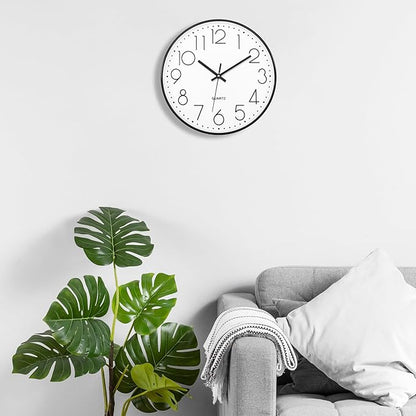 Foxtop 14 Inch Black Wall Clock, Large Silent Non-Ticking Battery Operated Round Quartz Modern Wall Clock Decorative for Office Living Room Bedroom Kitchen Home