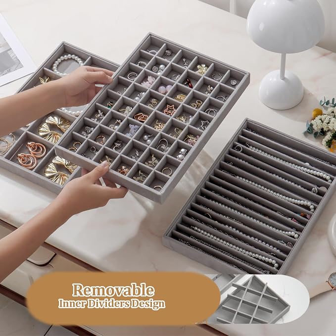 Large Velvet Jewelry Tray 2 Pack Stackable Jewelry Display Drawer Inserts Trays Organizer for Earring Bracelet Necklace Ring (Gray, 48 Grids)